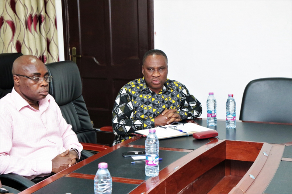 The Dean of Faculty of Vocational Education (FVE)and Representative of the Principal of COLTEK at the meeting, Prof. Martin Amoah (Right) addressing the members of the Garages Association flanked by the Dean of FTE, Prof. Mitchual