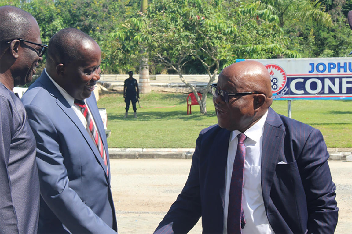 Speaker of Parliament, Rt. Hon. Prof. Michael Oquaye (right) exchanging pleasantries with the Vice-Chancellor  (middle) and Pro-Vice-Chancellor of UEW