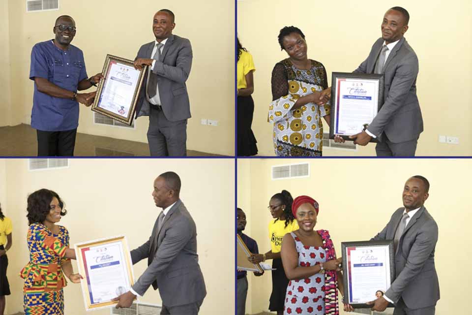 Prof. Dominic Mensah (in suit) presenting citations to the speakers (from top L-R); Prof. Ofori-Birikorang, Prof. Akosua Darkwa,  Ms. Ama Pratt and Ms. Dinah Adiko​