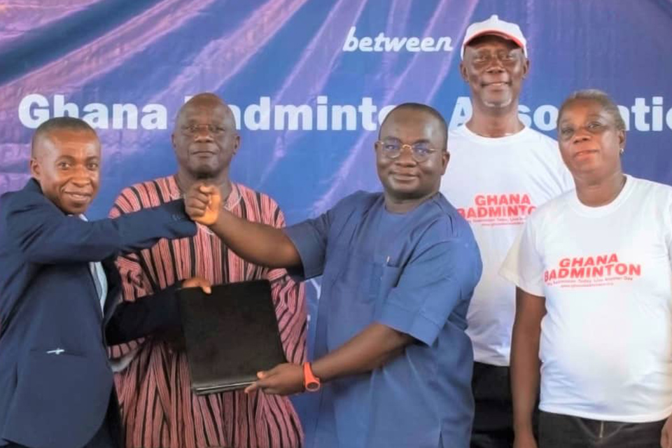 From L-R; Dr. Ernest Yeboah Acheampong, Prof. Humphrey Pufaa (middle) and President of GBA, Mr. Evans Yeboah with some members of the Badminton Association after the signing of the MoU