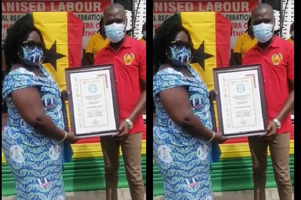 TEWU-UEW Chairperson, Ms. Theresa Ackon receiving her citation at the just ended May Day celebration in Cape Coast, Central Region
