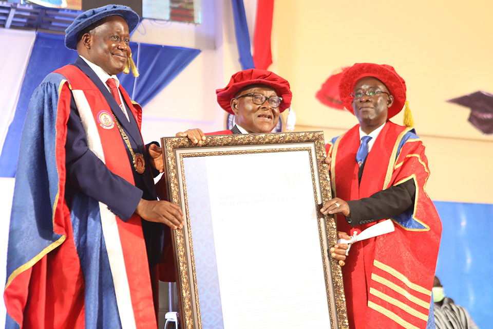Rt. Hon. Rev. Prof. Aaron Michael Oquaye (middle) with Vice-Chancellor, Rev. Fr. Prof. Anthony Afful-Broni (left) and Chairman of the Governing Council of UEW, Prof. Obeng Mireku