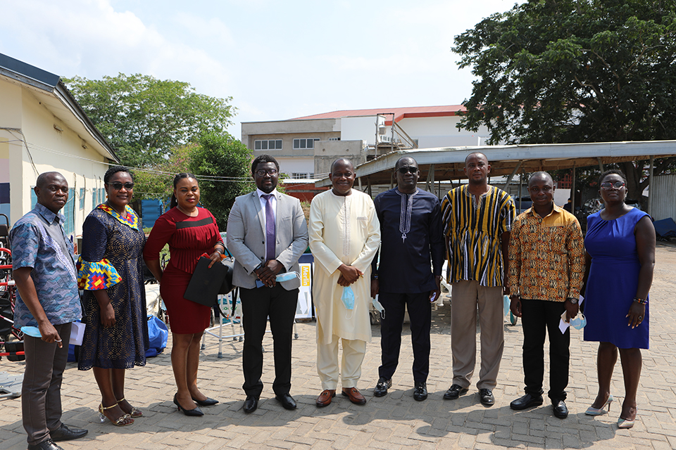 Vice-Chancellor of the University, Rev. Fr. Prof. Anthony Afful-Broni (fifth from right) with Country Representative for REACT, Mr. Duke Banson (in suit) and some officials of the University.