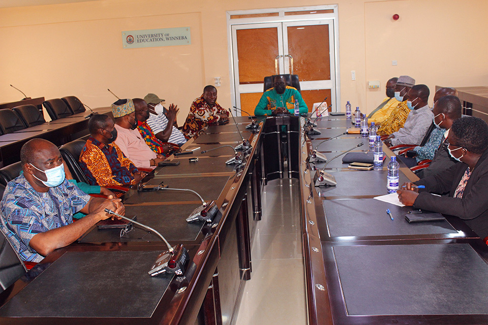 Ag. Vice-Chancellor, Prof. Andy Ofori-Birikorang (in green) welcoming the delegation