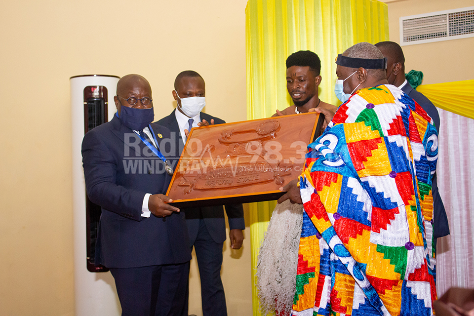 His Excellency, Nana Addo Dankwa Akufo-Addo being presented with a royal artefact by the Paramount Chief, Neenyi Ghartey VII