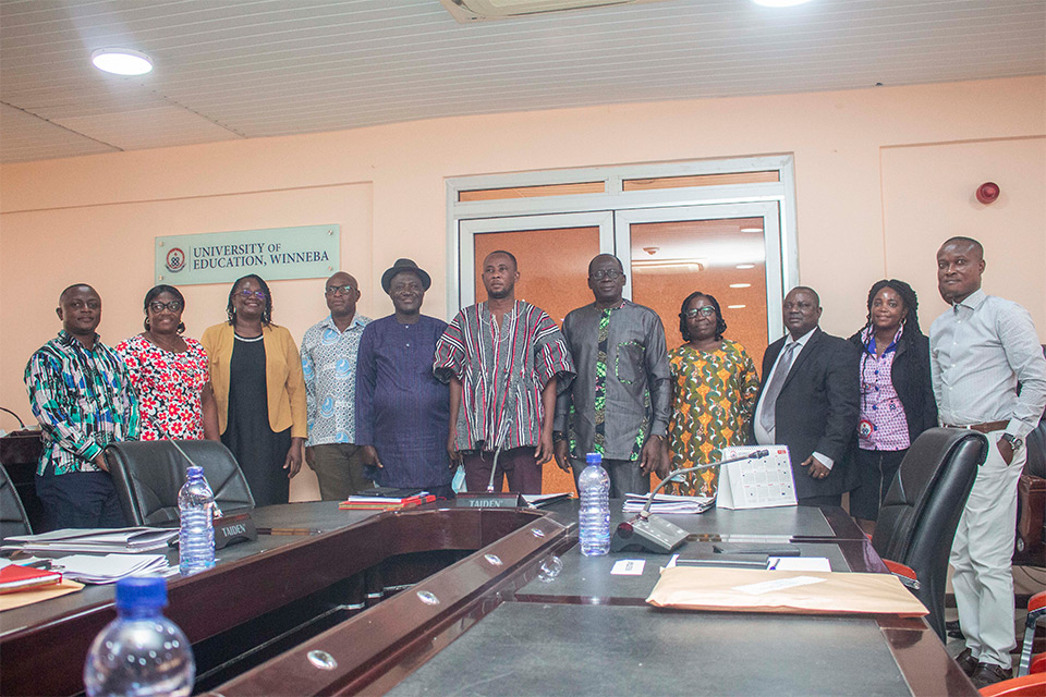 Members of the committee with the Ag. Vice-Chancellor (fifth from right) and Principal, College of Languages Education, Prof. Dominic Mensah (left) in a group pic after the inauguration