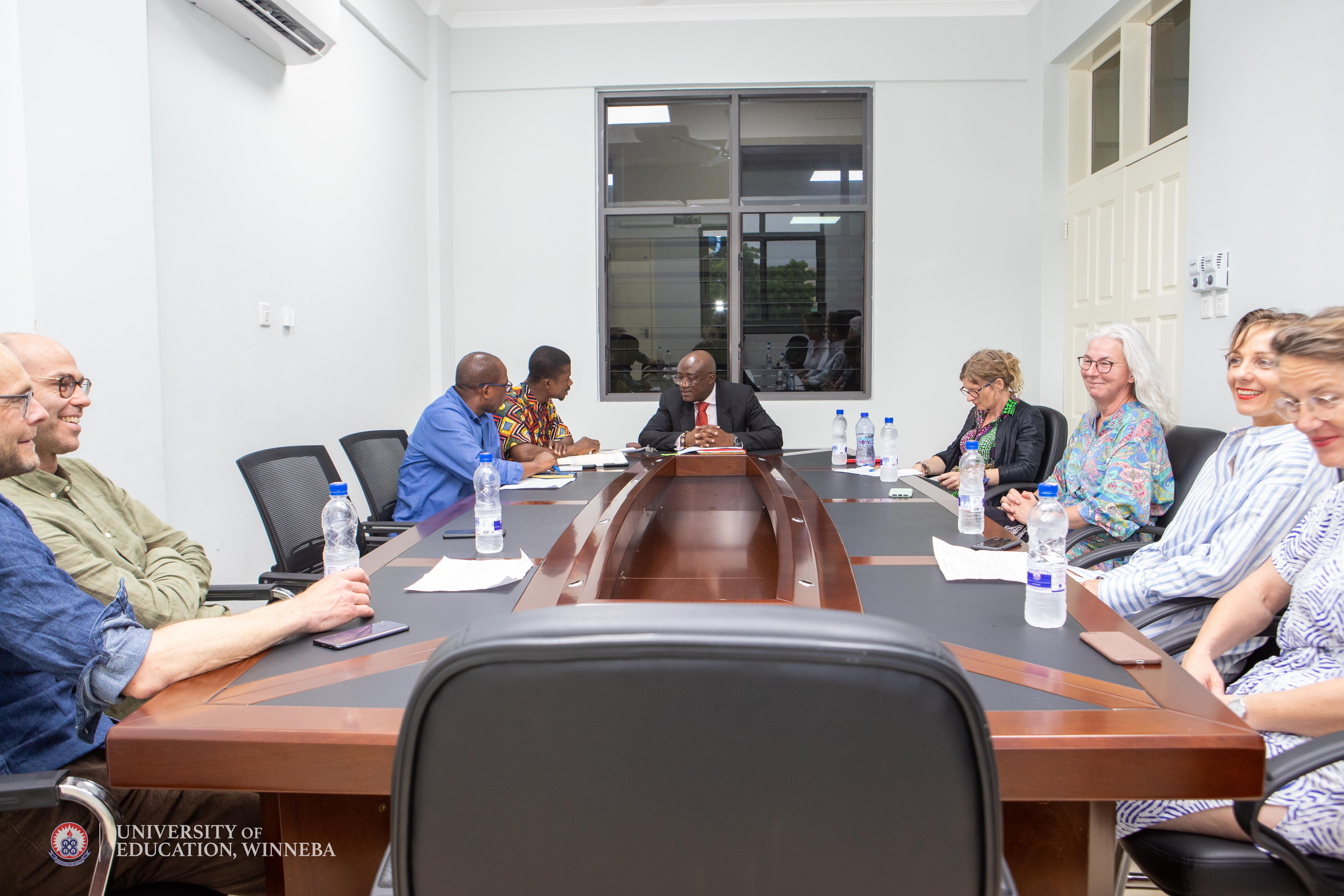 Prof. Assuah (middle) welcoming the UCN lecturers to UEW on behalf of Management