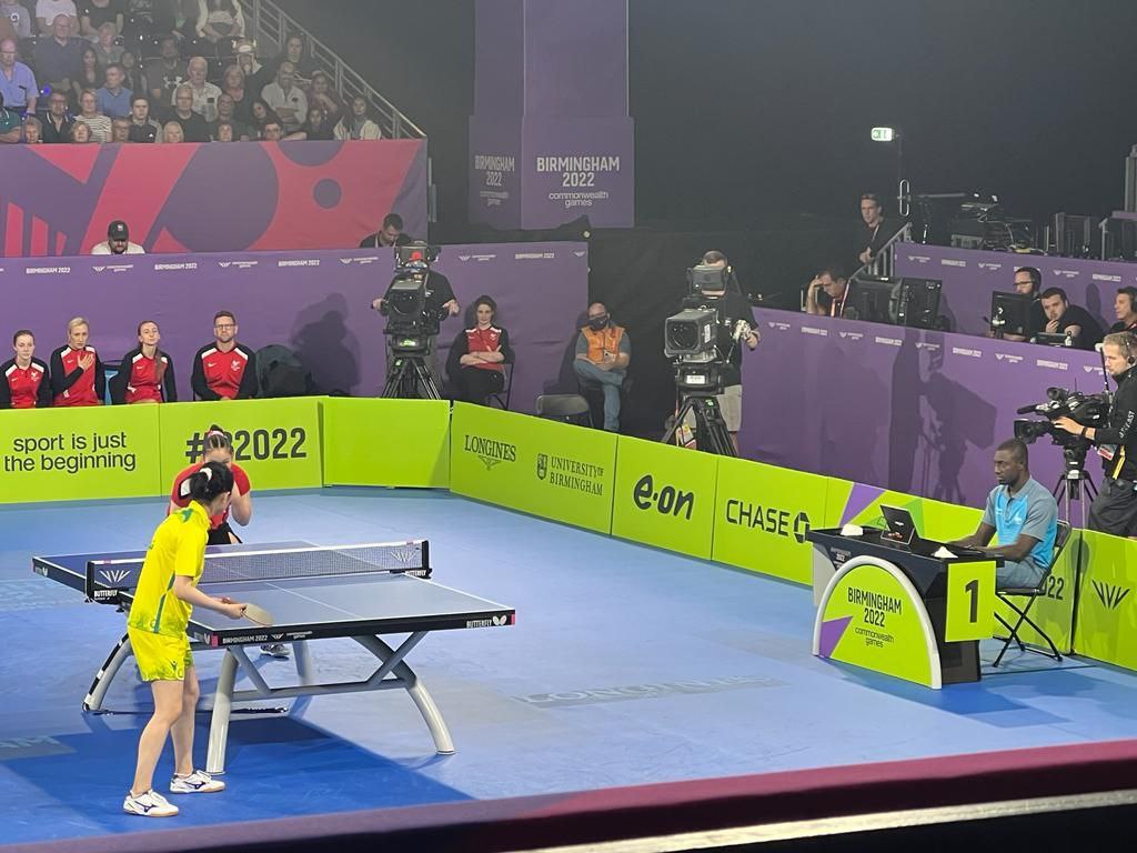 Mr. Francis Frimpong officiating a table tennis match at the games