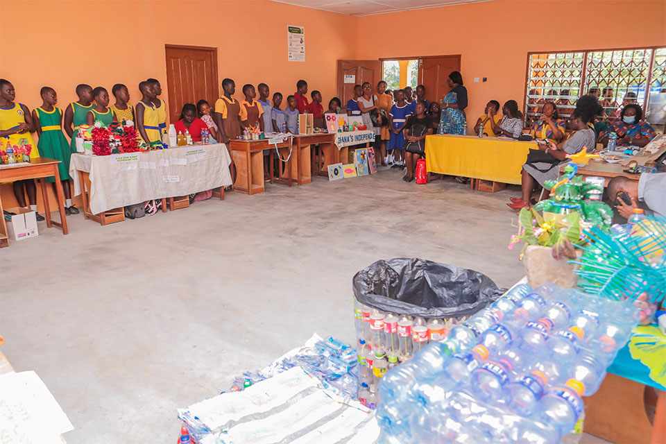 The girls with their inventions for assessment during the first ever science fair for basic schools 
