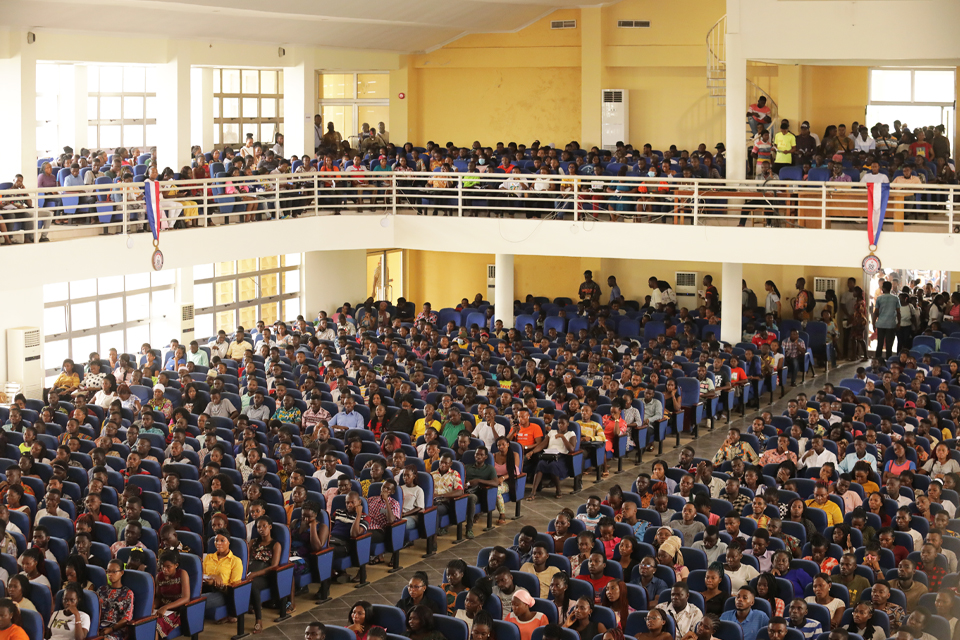 A cross-section of fresh students at the Jophus Anamuah-Mensah Conference Centre during the orientation