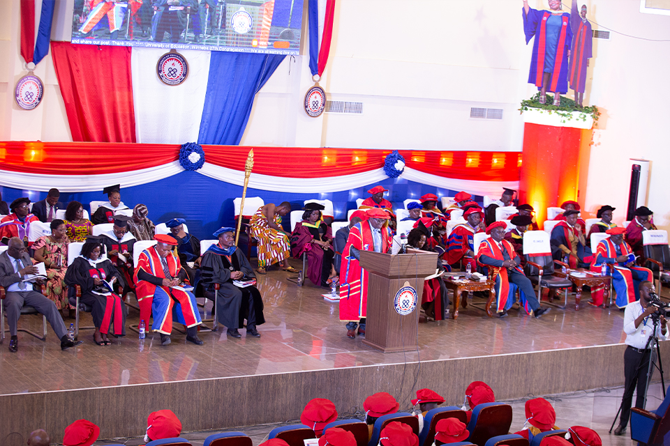 Prof. Mawutor Avoke (standing) addressing faculty members and graduands on UEW's accomplishments in the year under review