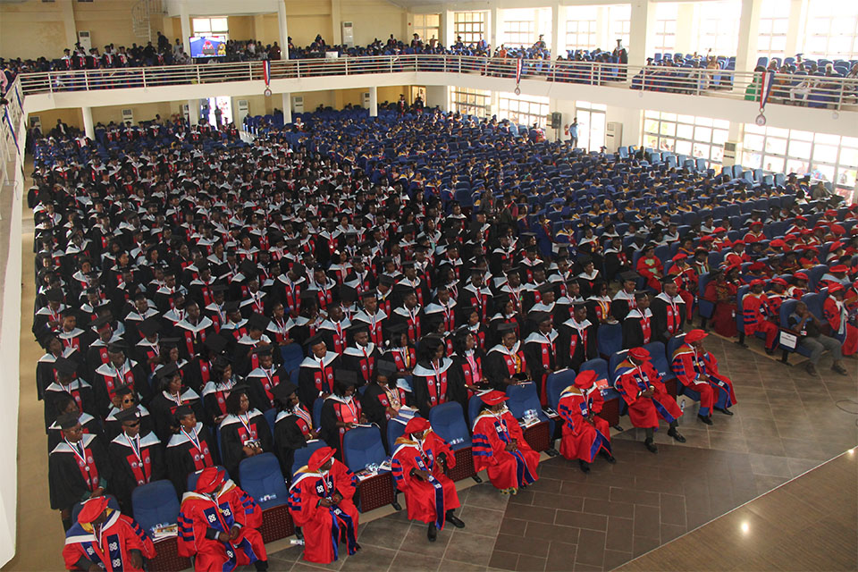 An aerial view of postgraduate and undergraduate graduands during the ceremony