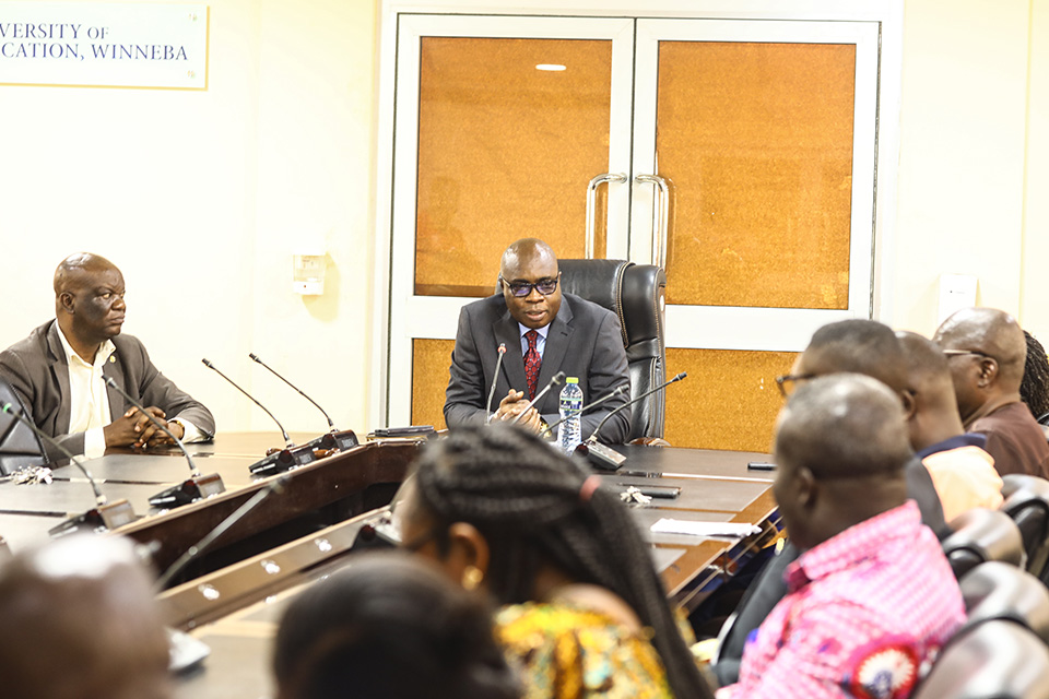 Prof. Stephen Mitchual (middle) having a conversation with union leaders at the Council Chamber, UEW. Staring at him is the Pro-Vice-Chancellor, Prof. Victor Antwi