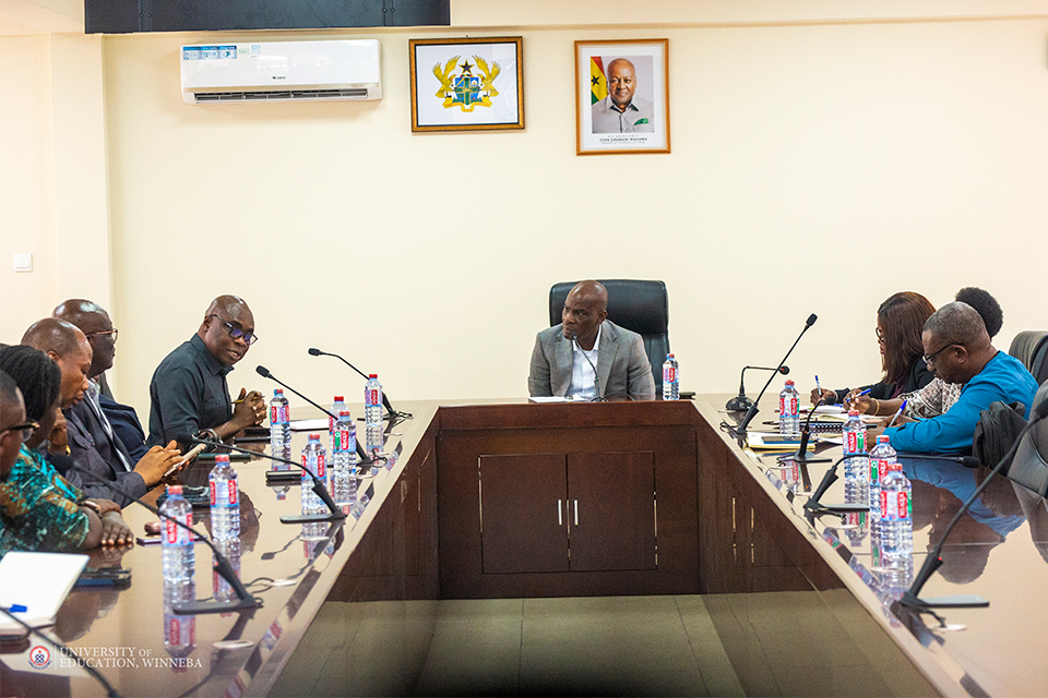 Prof. Stephen Jobson Mitchual (5th from left) addressing the Minister of Education on crucial matters impacting the university