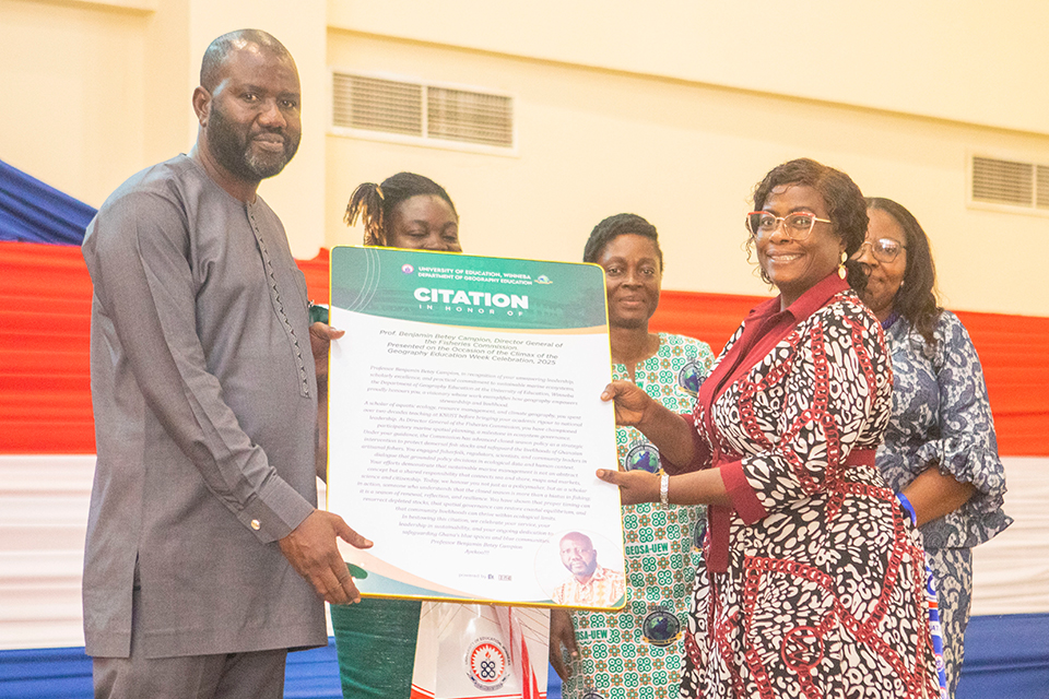 Prof. Lucy Effeh Attom (right) presenting a citation to Prof. Campion 